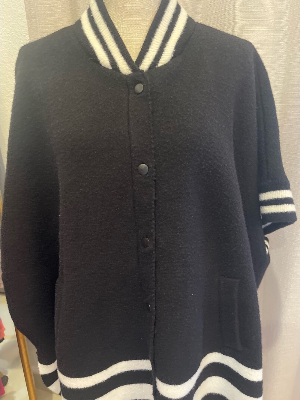 Free People Black Knit Varsity Jacket Poncho with White Stripes